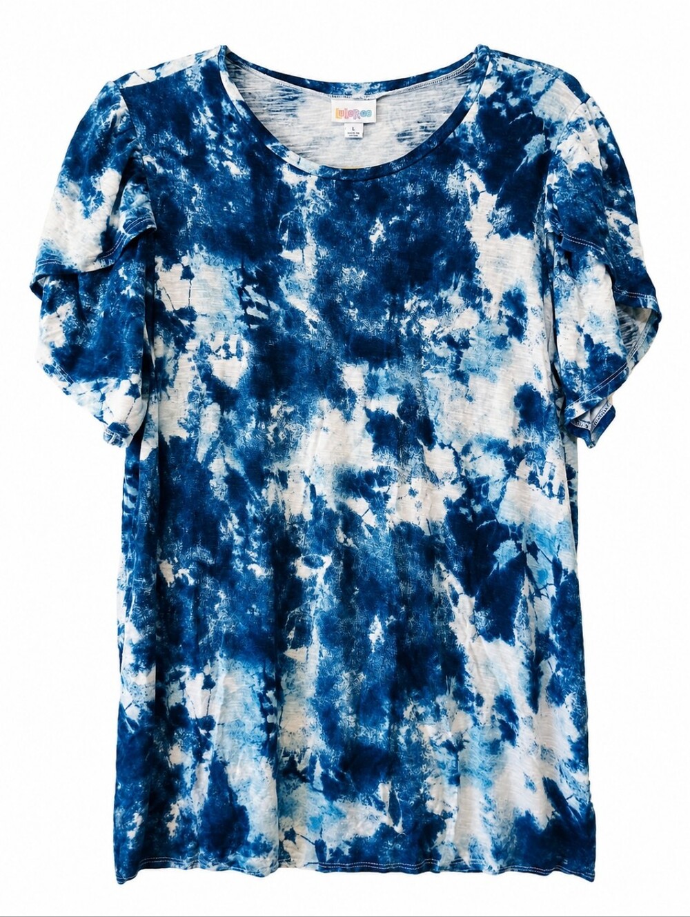 LuLaRoe Blue White Tie Dye Olive Tulip Sleeve Top Size Large
